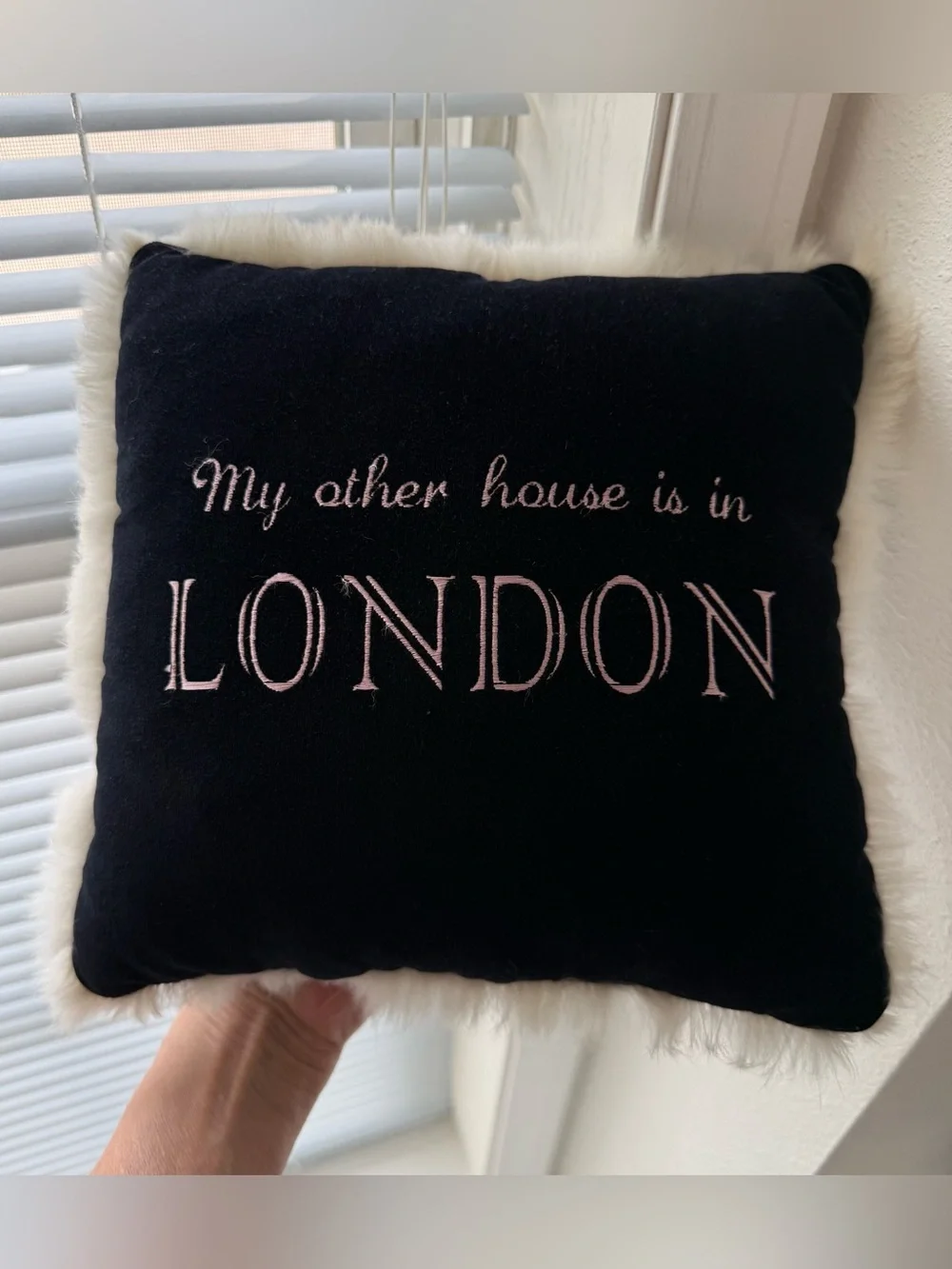 Black Velvet Faux Fur Trim Pillow | “My Other House Is In London” Embroidered